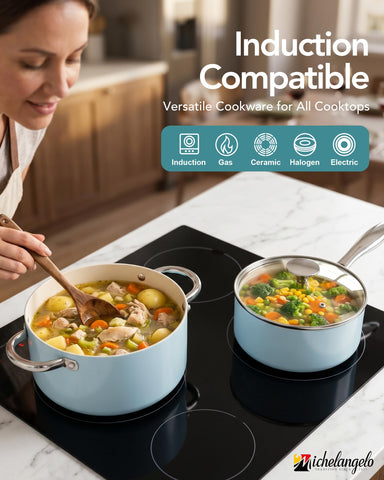 MICHELANGELO fry pan on induction cooktop cooking egg with quick release benefit