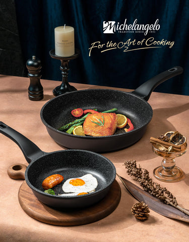 MICHELANGELO frying pan in a bright kitchen breakfast scene promoting versatile everyday use