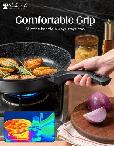 MICHELANGELO frying pan on an induction cooktop demonstrating compatibility and efficient heating