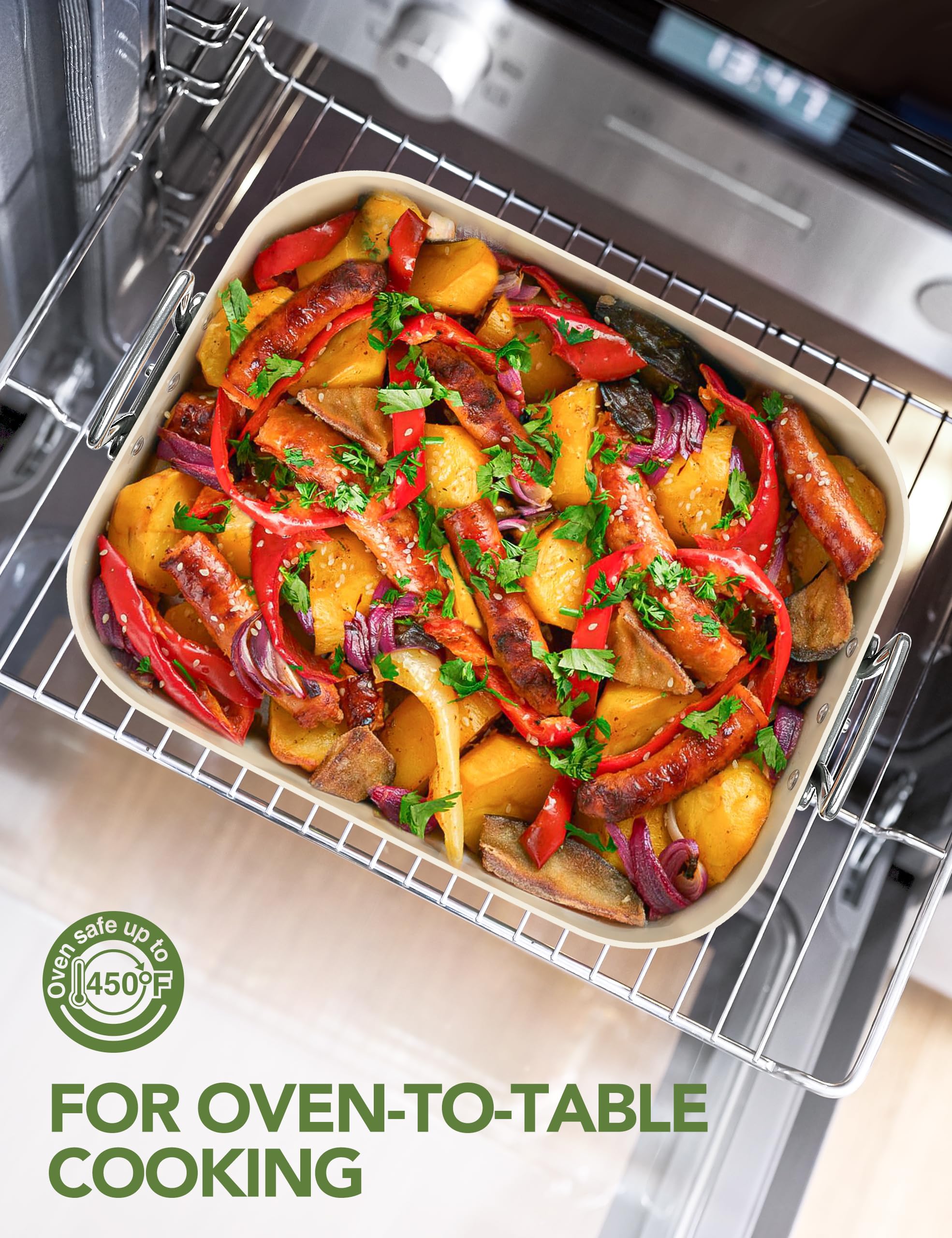 MICHELANGELO pan beside ruler for scale showing 15x13 inch capacity for large roasts
