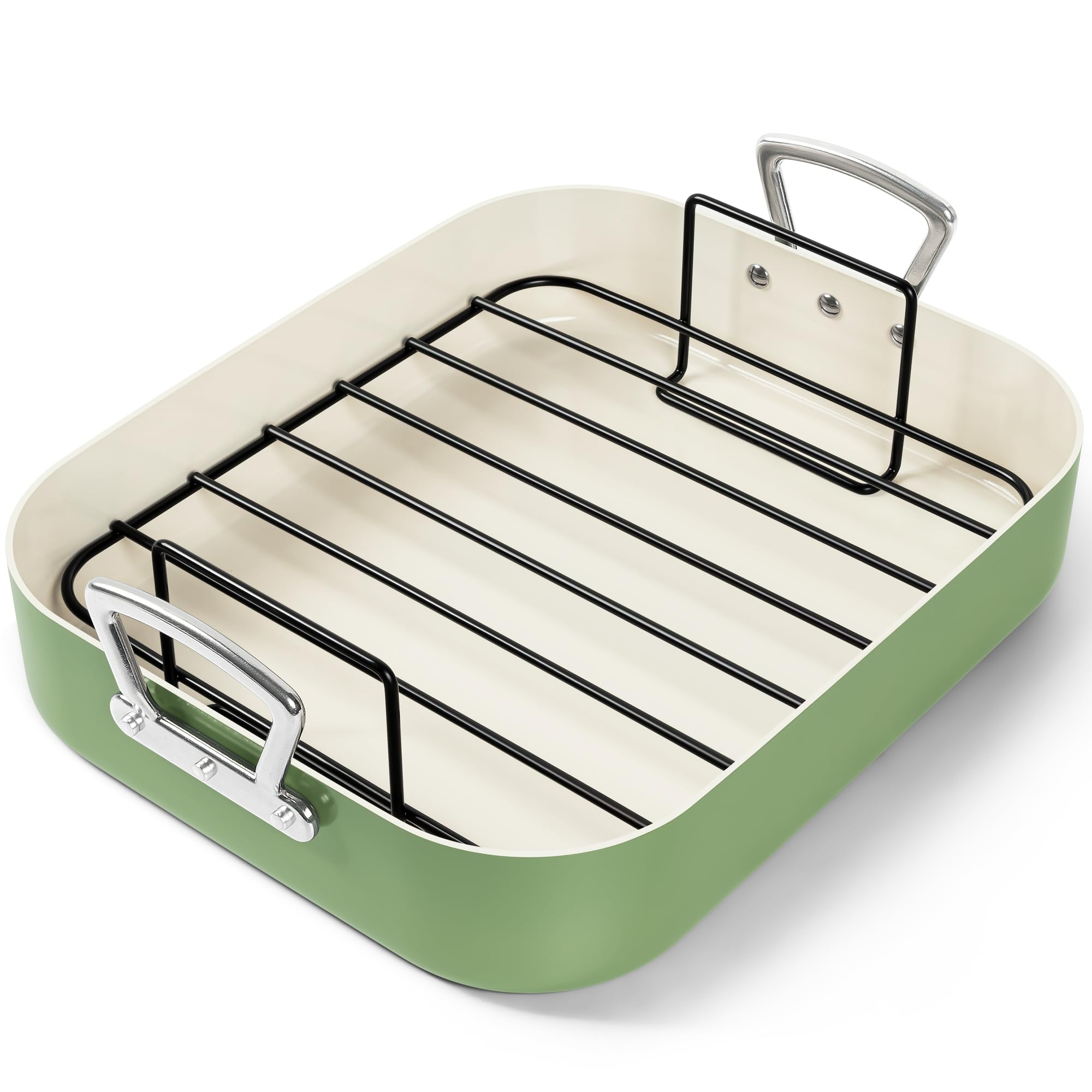 MICHELANGELO front view of green roasting pan showing capacity and shape, easy serving