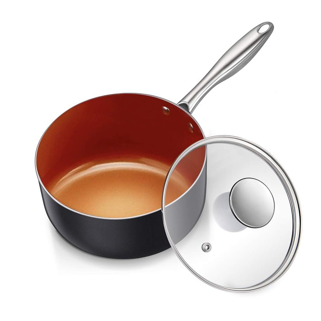 MICHELANGELO saucepan front view showing copper finish and lid for stylish cooking
