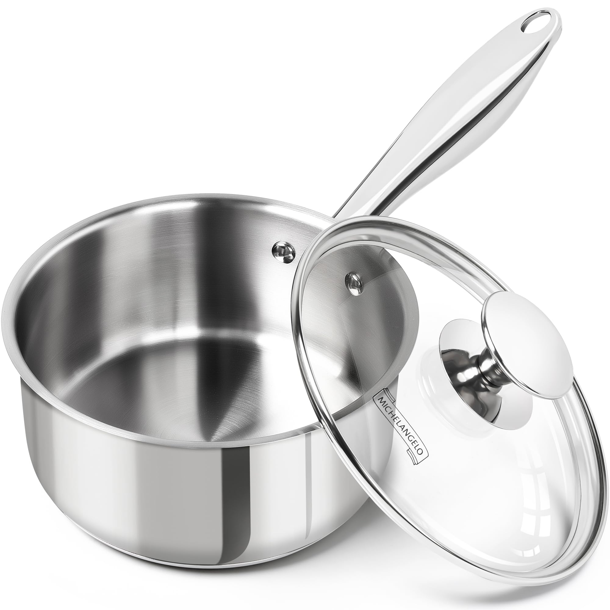 MICHELANGELO front view with lid showing compact 1.5 qt pot and convenience