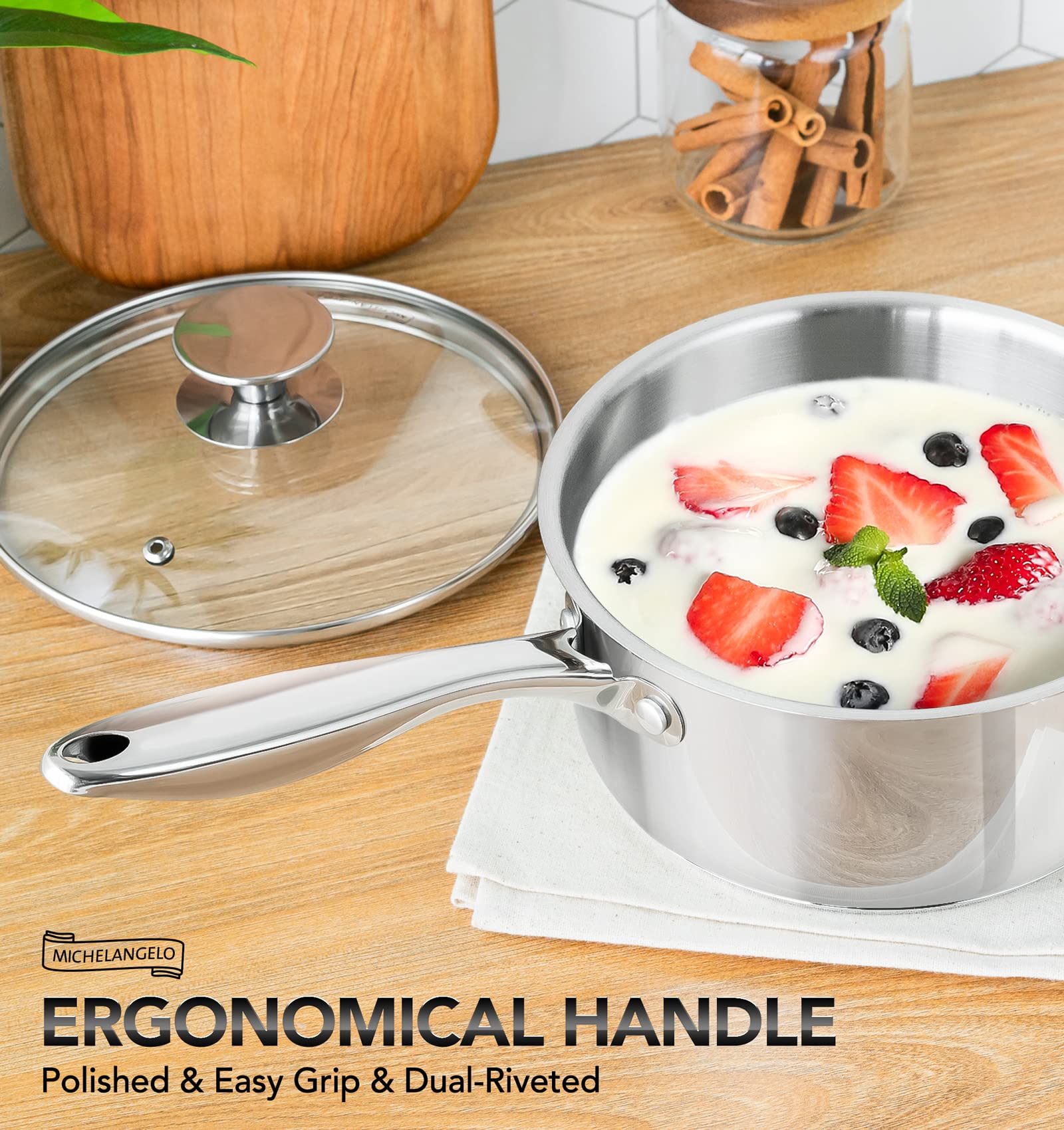 MICHELANGELO saucepan simmering sauce on stovetop for reliable, even cooking
