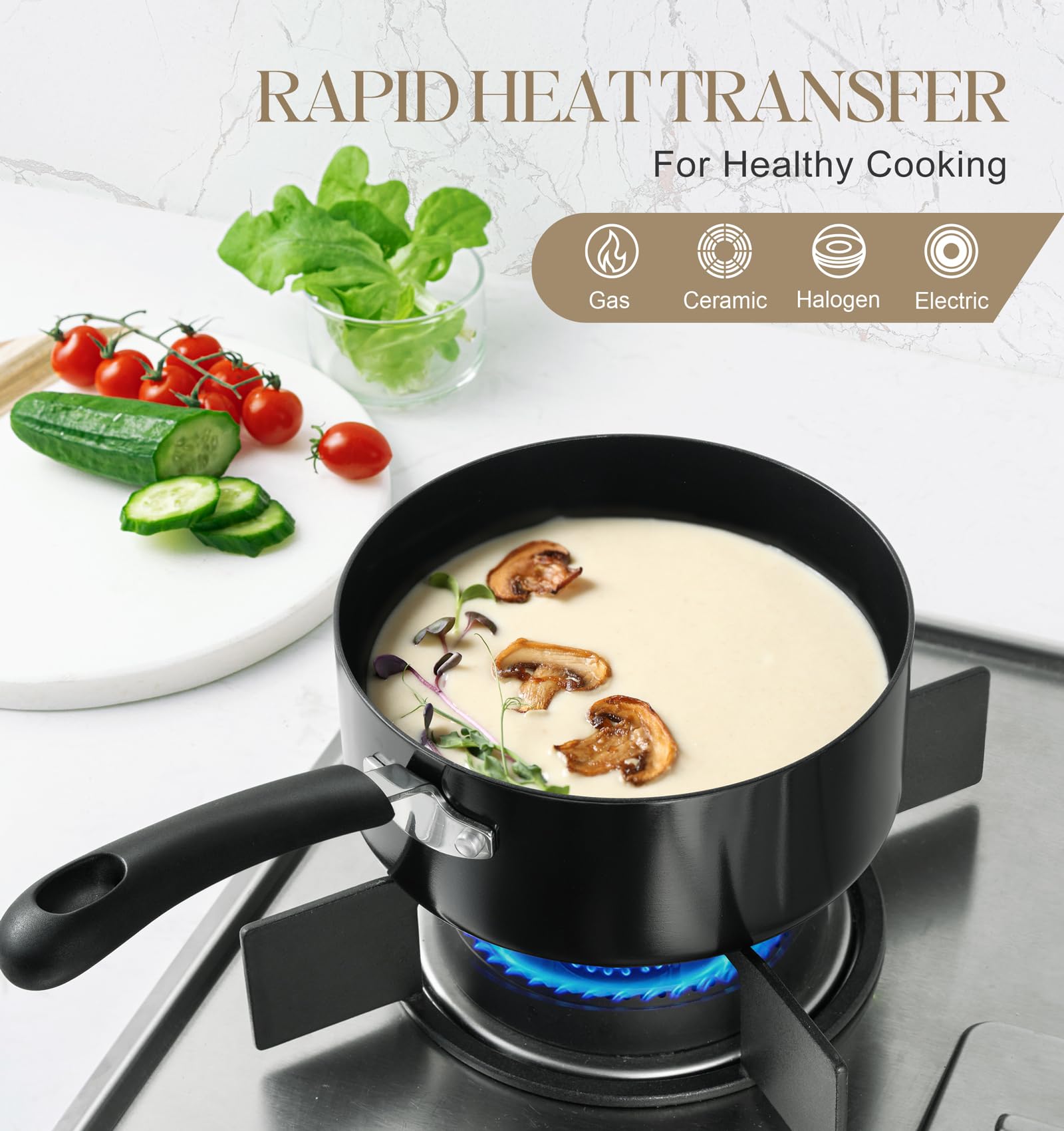 MICHELANGELO tempered glass lid detail for visible cooking and steam retention benefit