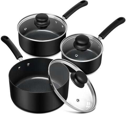 MICHELANGELO saucepan set front view showing three pot sizes and lids for versatile cooking