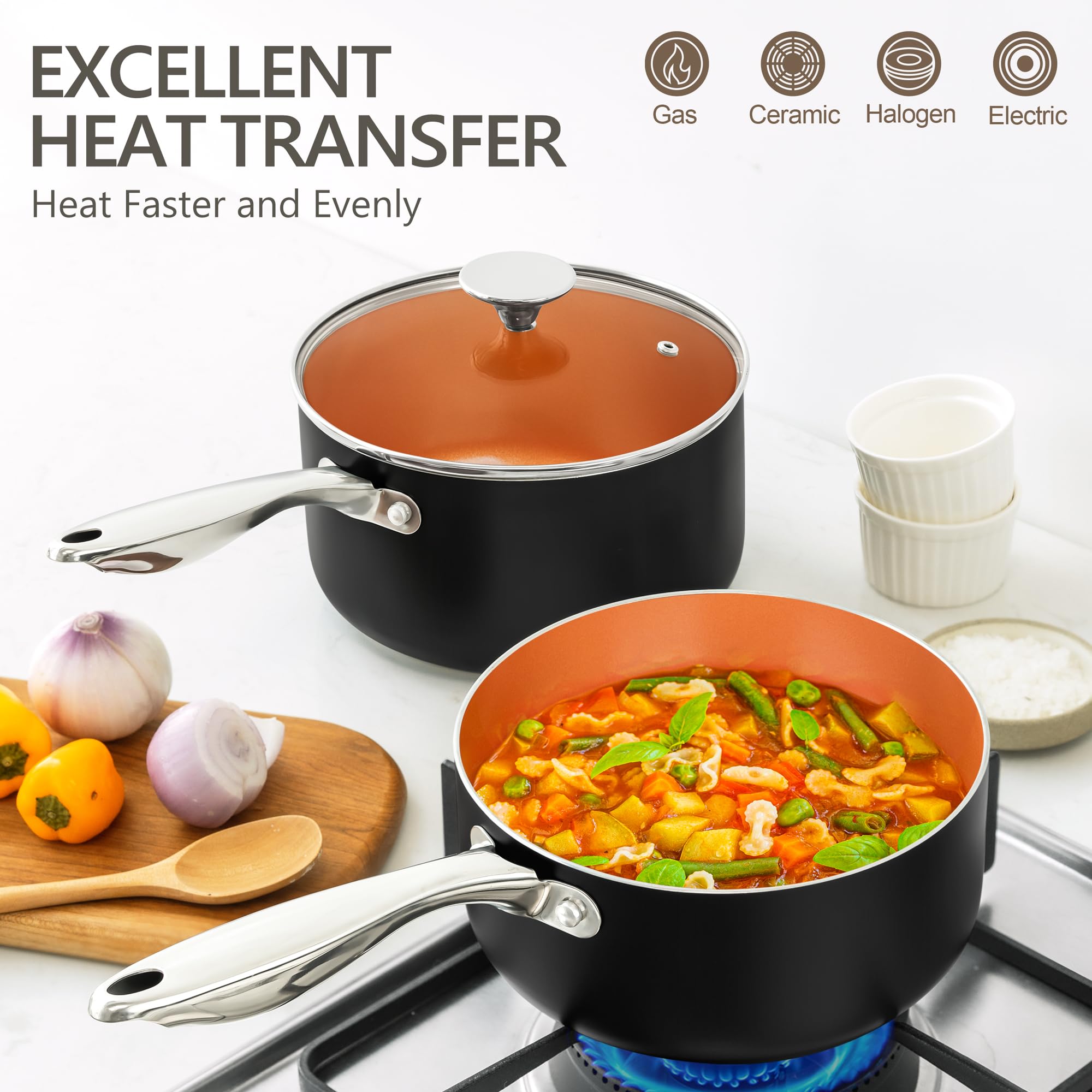MICHELANGELO saucepan side profile with lid demonstrating compact 3 qt capacity
