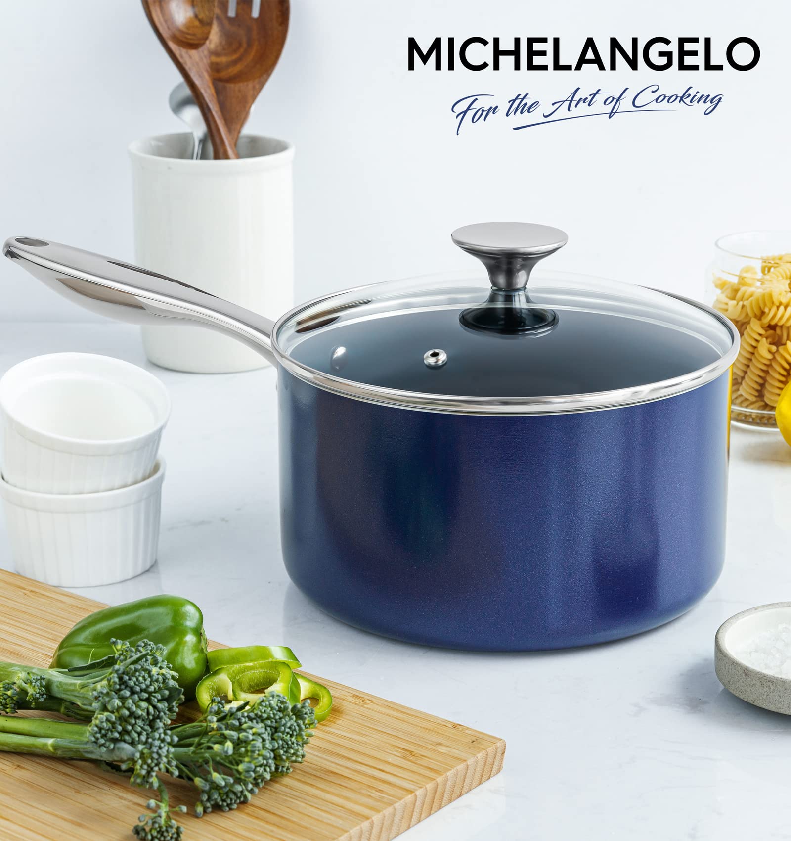 MICHELANGELO three saucepans beside measuring cup to show scale and portion control benefit