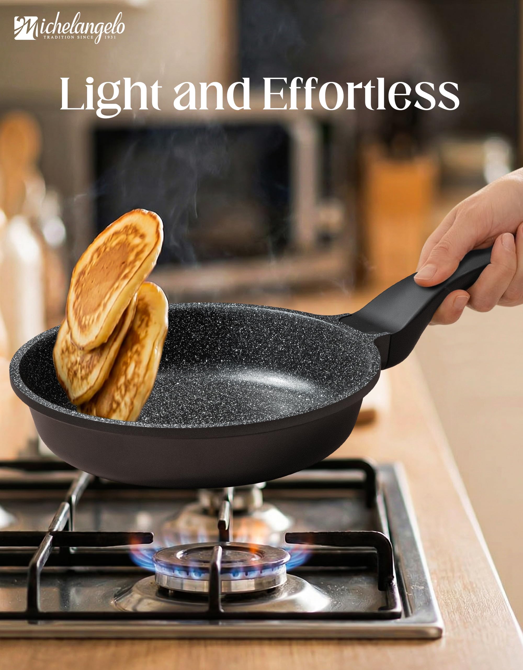 MICHELANGELO pan beside fork and plate to show scale and family-size 12-inch capacity