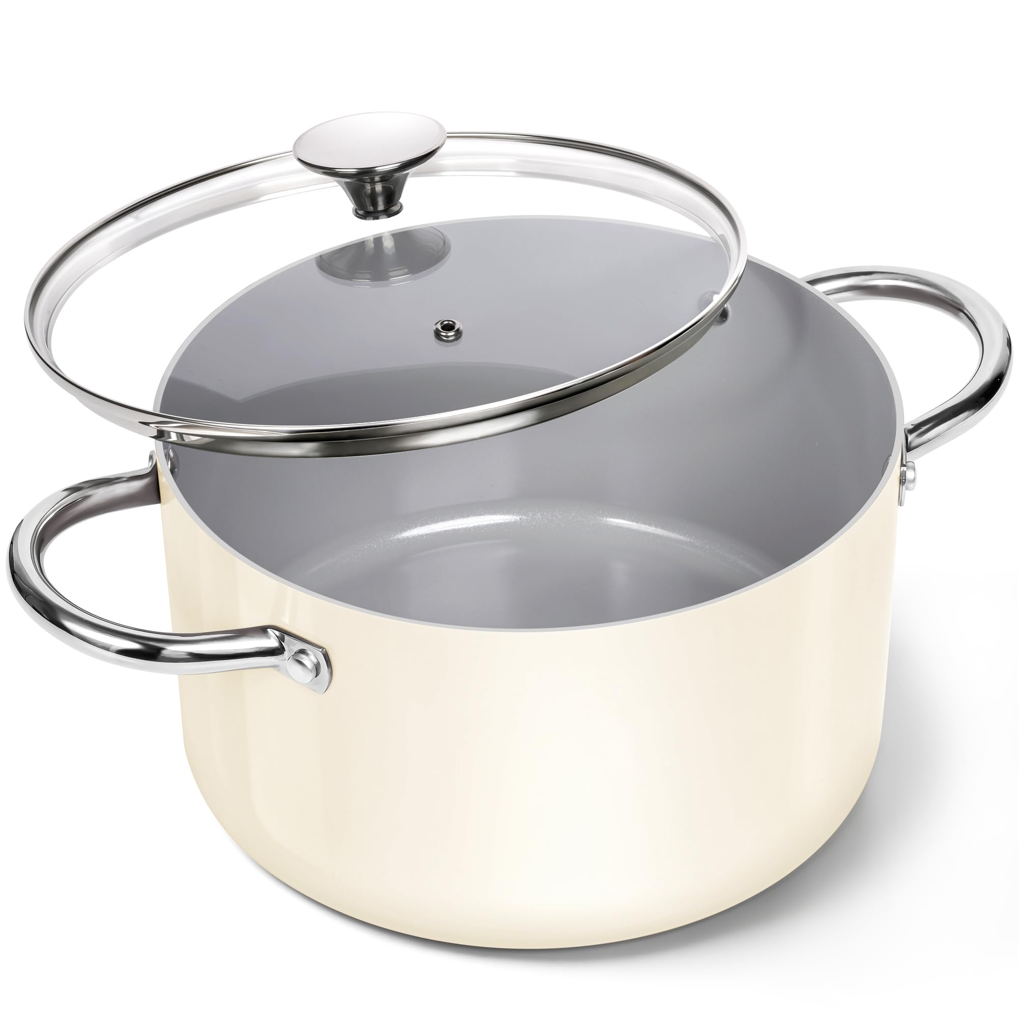 MICHELANGELO front view of beige 6QT stock pot showing clean lines and lid benefit effortless serving