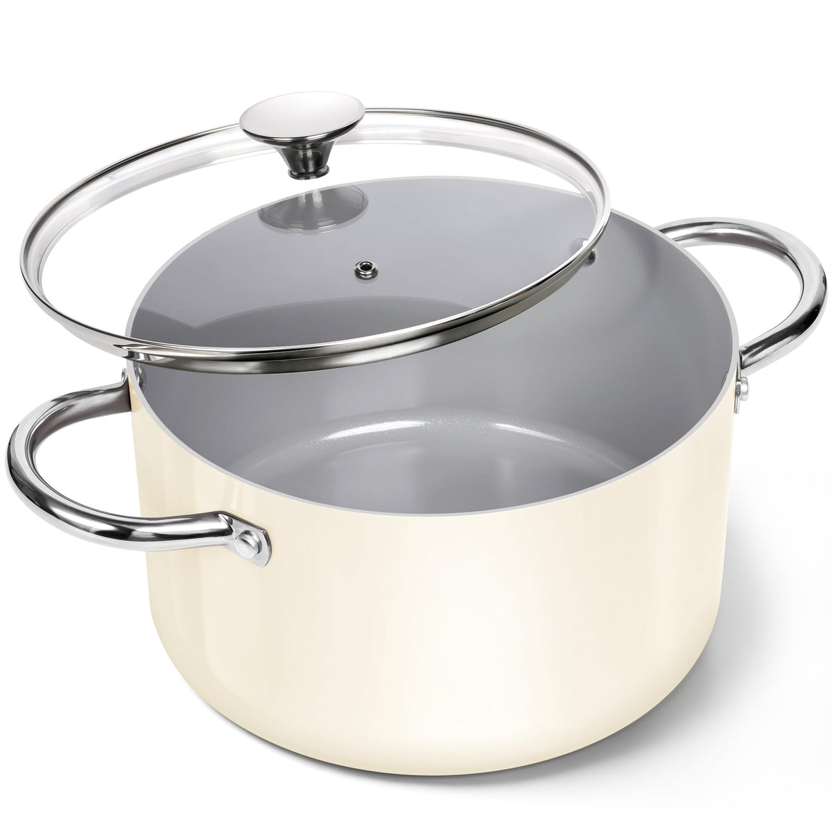MICHELANGELO front view of beige 6QT stock pot showing clean lines and lid benefit effortless serving