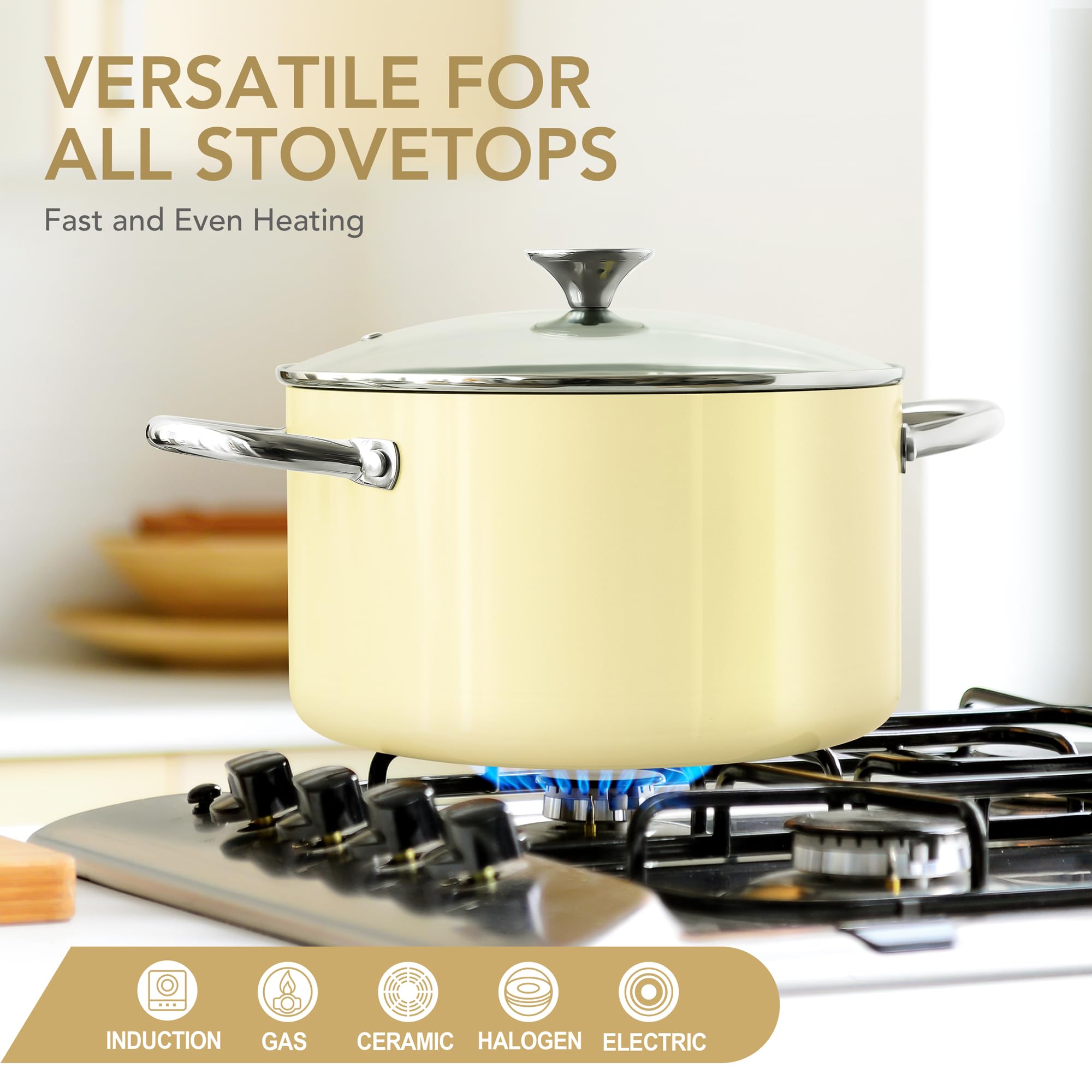 MICHELANGELO stock pot on induction cooktop simmering soup showing induction compatibility benefit