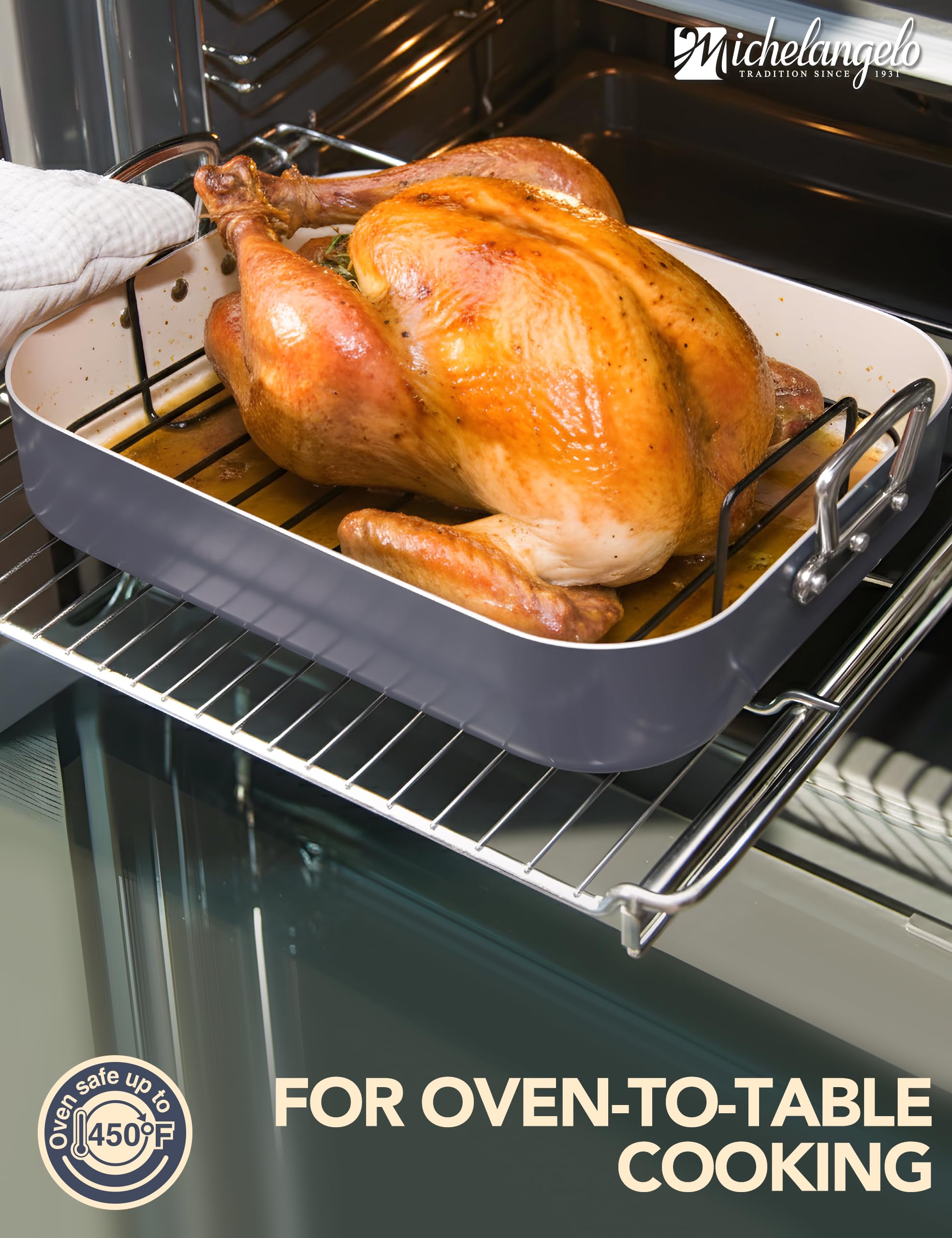 MICHELANGELO riveted wide handles close-up for secure oven mitt grip and safe lifting