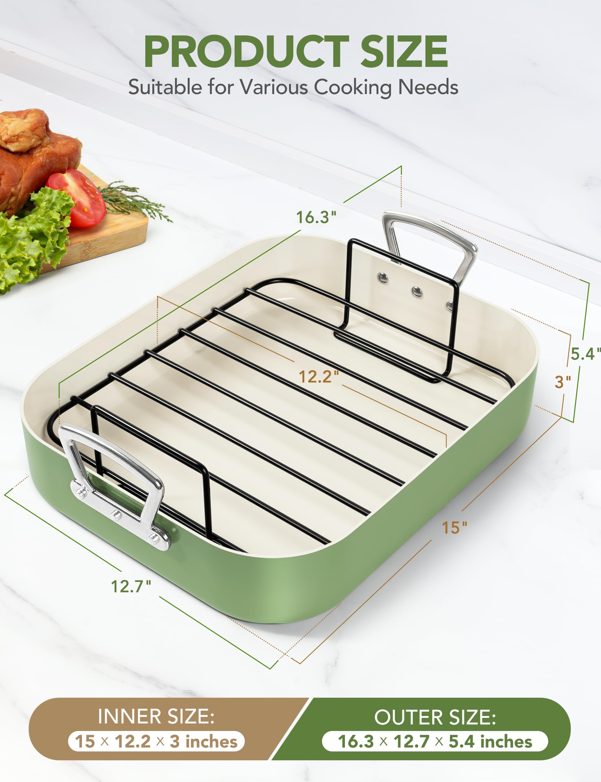 MICHELANGELO wide riveted handles shown with oven mitt for safe, secure lifting