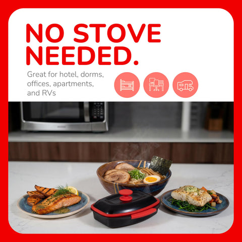 Micro Grill pot next to a mug to show size and portion capacity