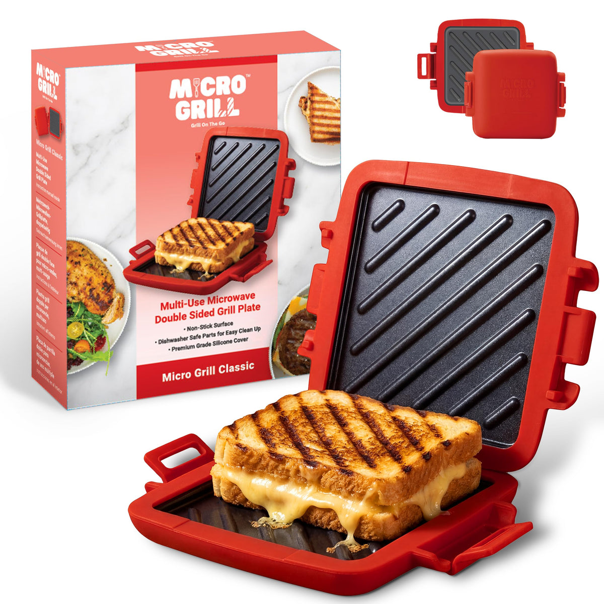 Micro Grill front view showing red microwave grill for quick sandwiches