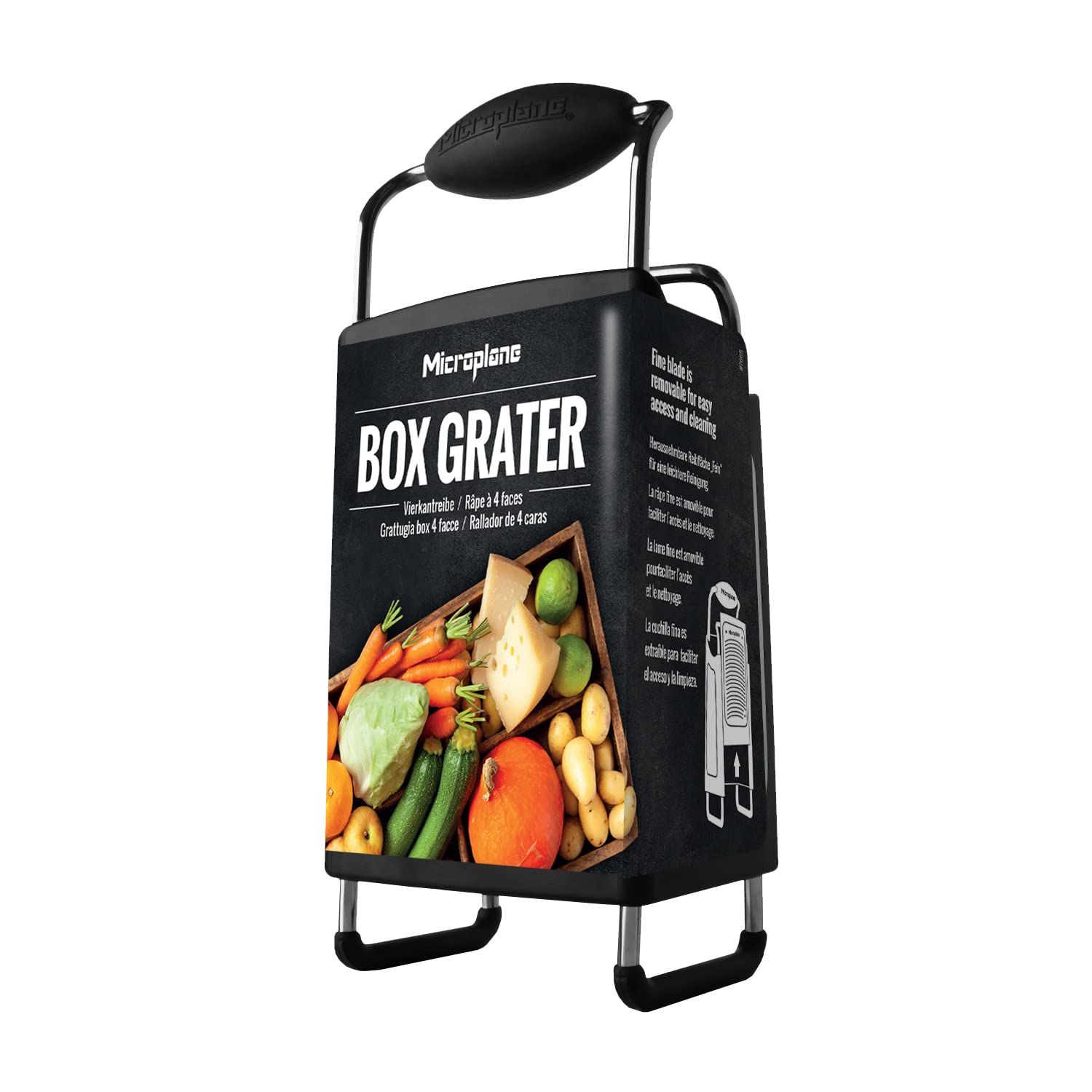 Microplane box grater shown on counter for scale and kitchen compatibility
