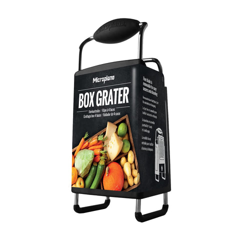 Microplane box grater shown on counter for scale and kitchen compatibility