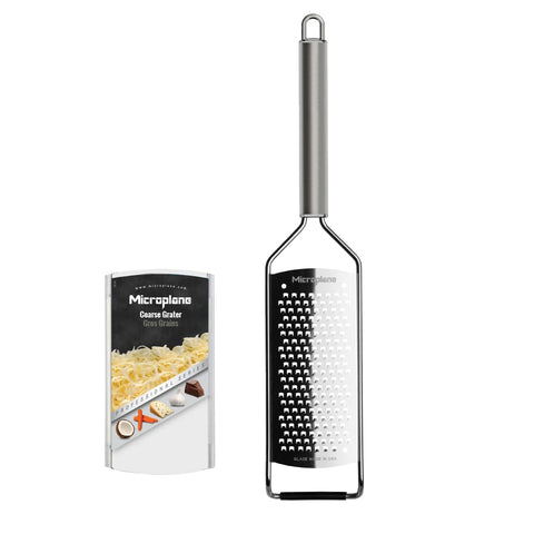 Microplane front view showing coarse grater and durable stainless steel