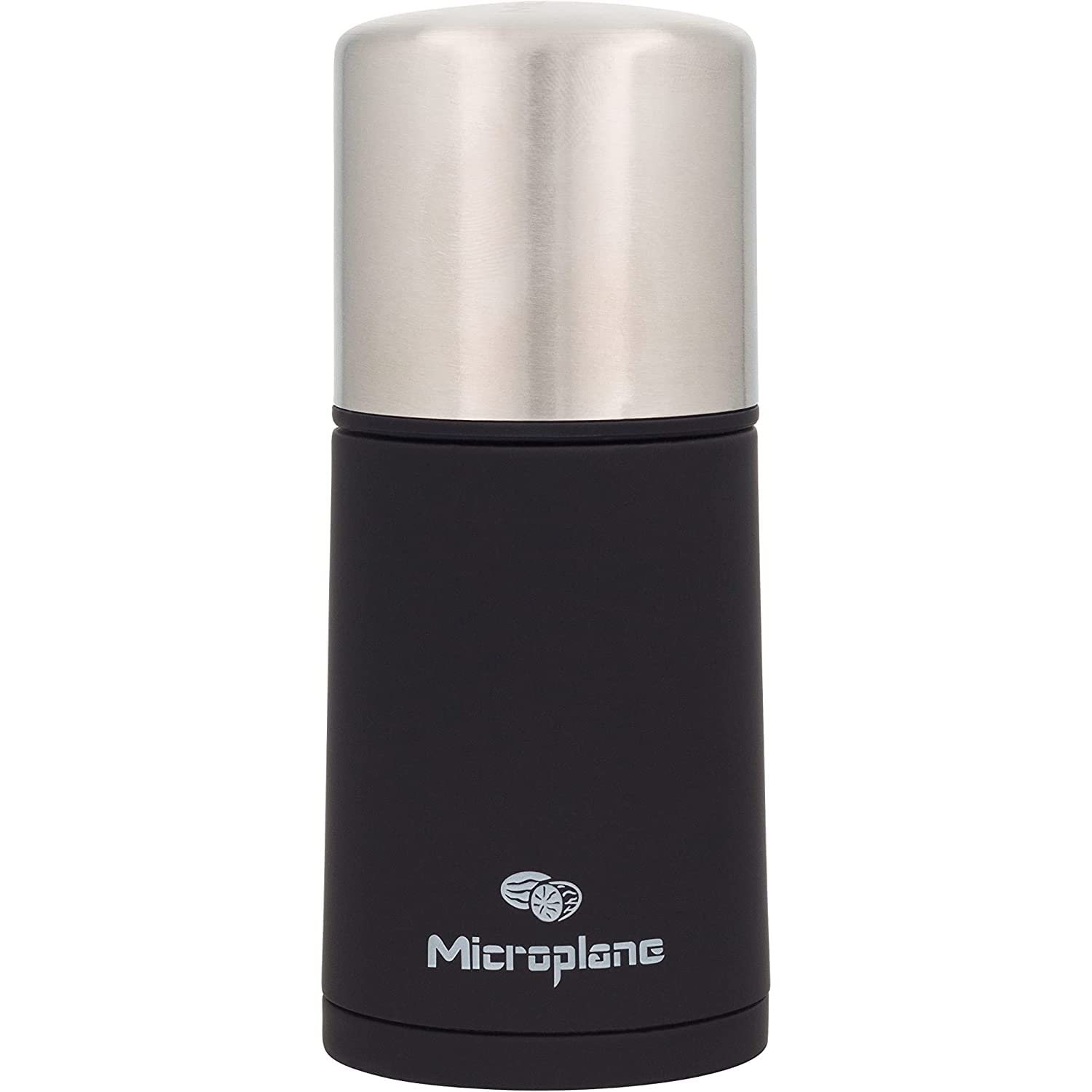 Microplane spice mill front view showing sleek stainless design and easy grip benefit