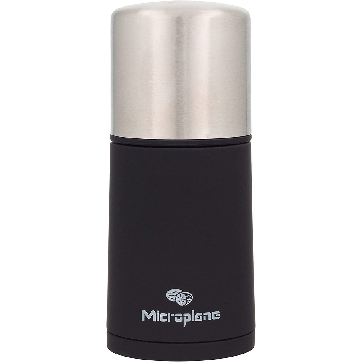 Microplane spice mill front view showing sleek stainless design and easy grip benefit