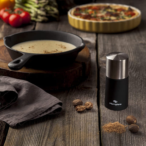 Microplane mill finish and label detail illustrating luxury soft-touch and durability