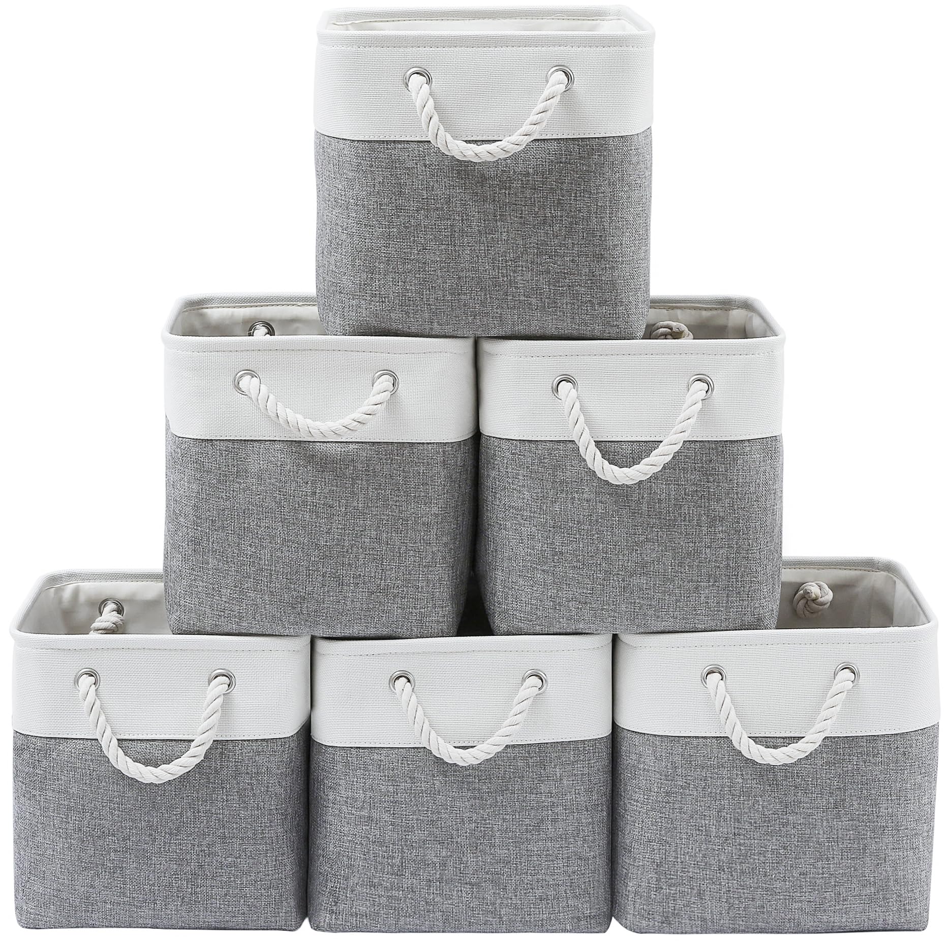 MidmmVick front view of six white and grey fabric cubes providing uniform storage