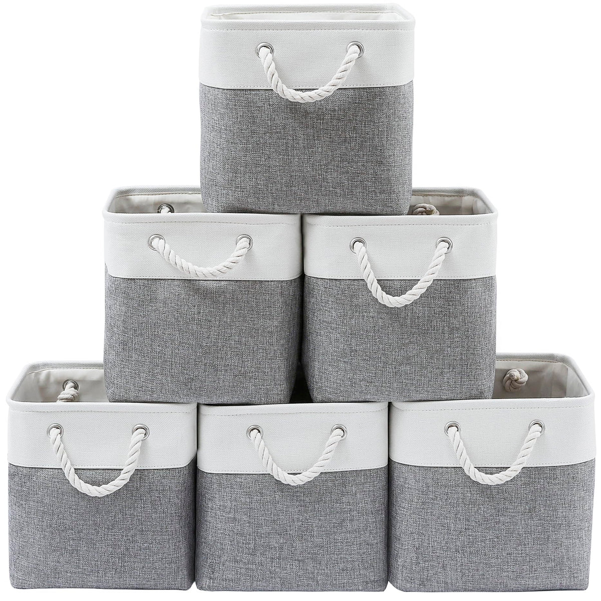 MidmmVick front view of six white and grey fabric cubes providing uniform storage