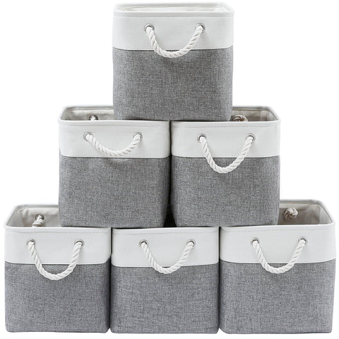 MidmmVick front view of six white and grey fabric cubes providing uniform storage