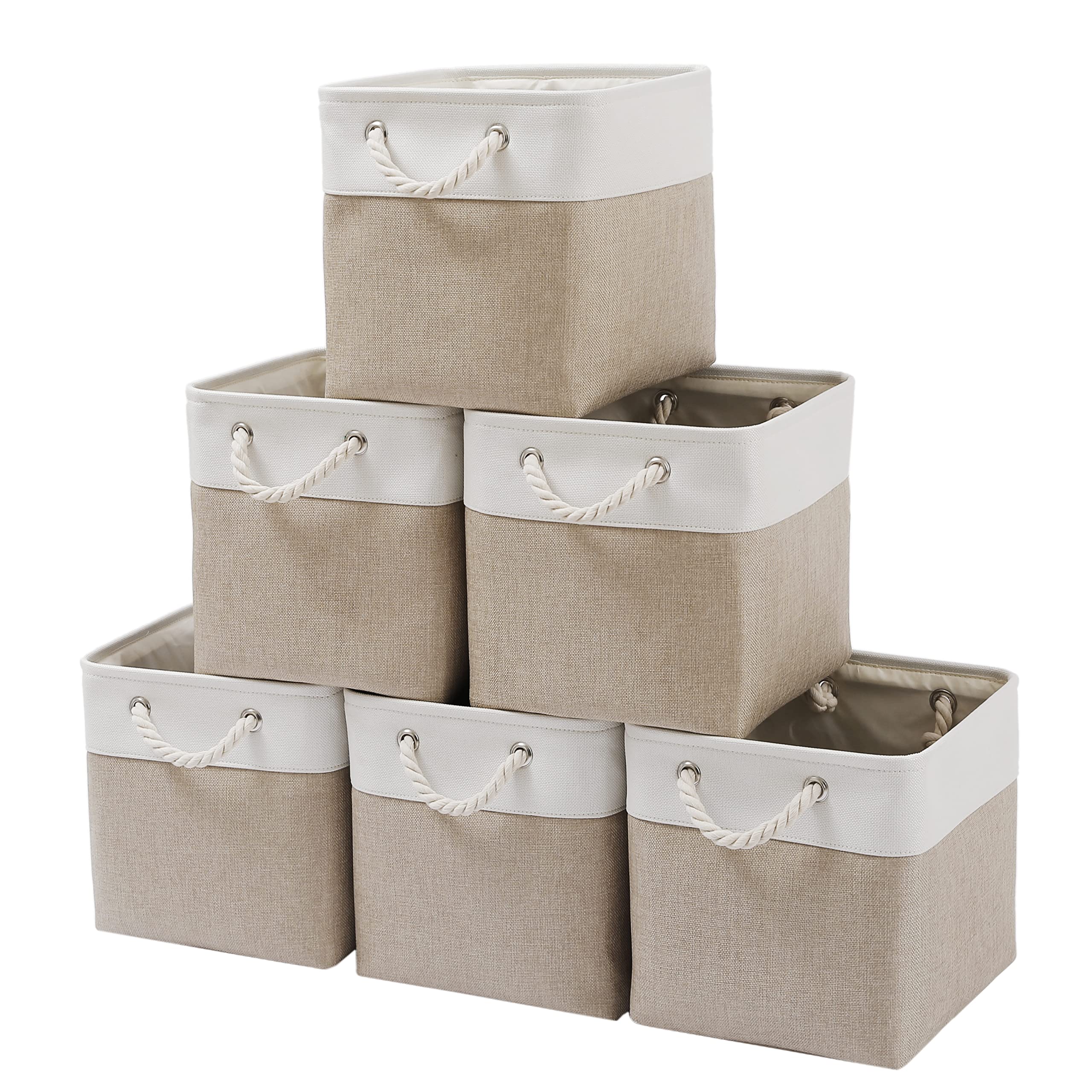 MidmmVick front view of six white and beige storage bins showing neat organization benefit