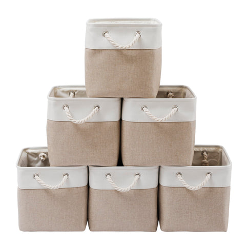 MidmmVick front view of six white and beige storage cubes, tidy storage solution