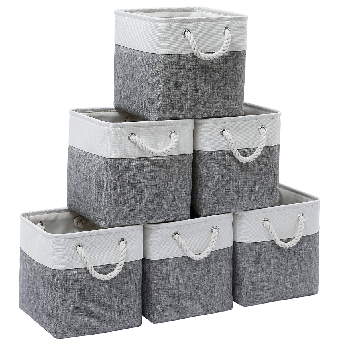 MidmmVick front view of six white and grey 11x11 storage cubes showing tidy stack and neat design