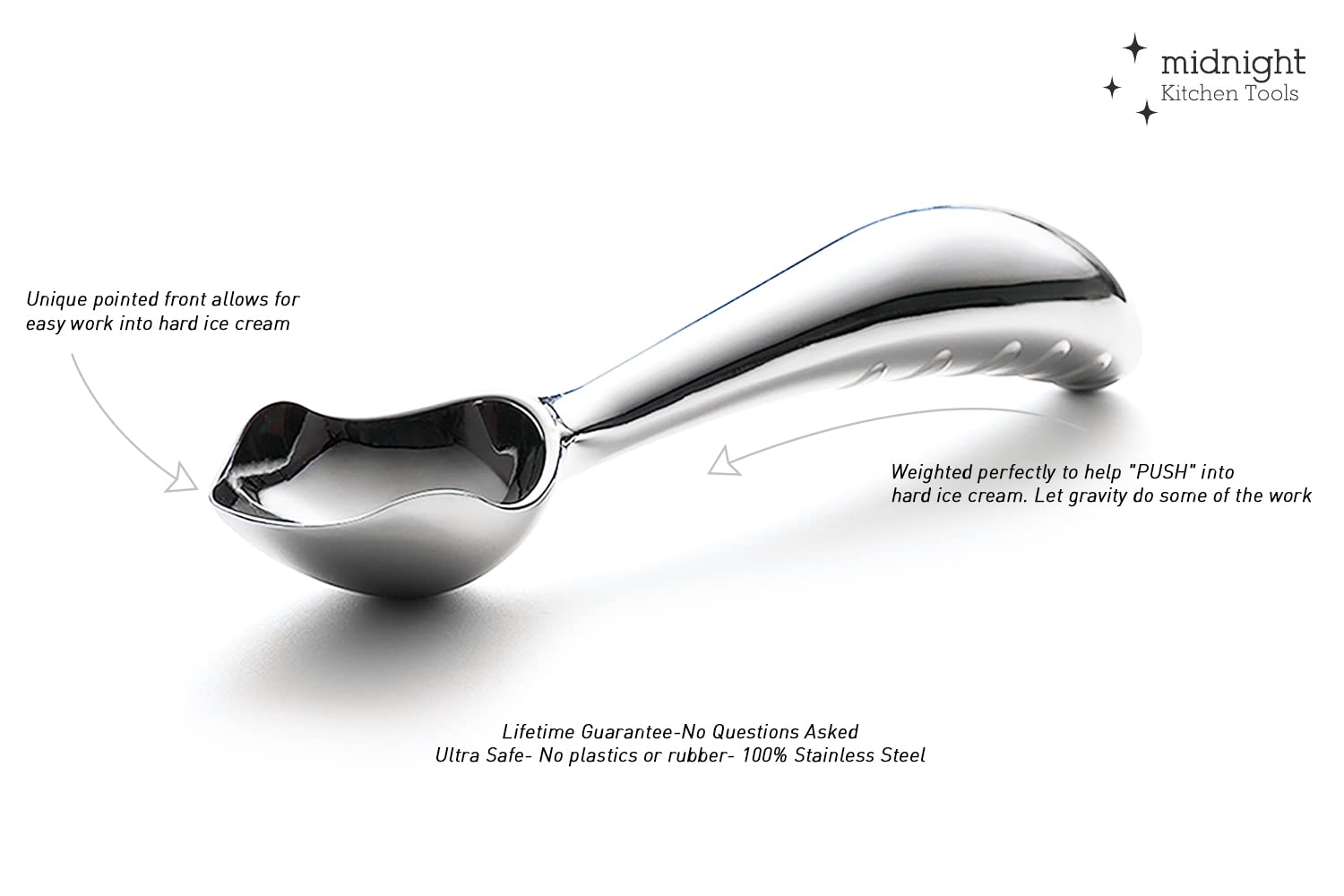 Midnight Scoop ergonomic handle detail demonstrating curved grip that reduces wrist strain