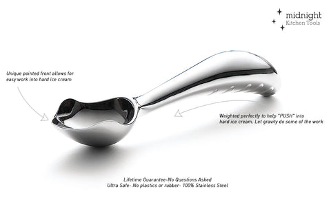 Midnight Scoop ergonomic handle detail demonstrating curved grip that reduces wrist strain