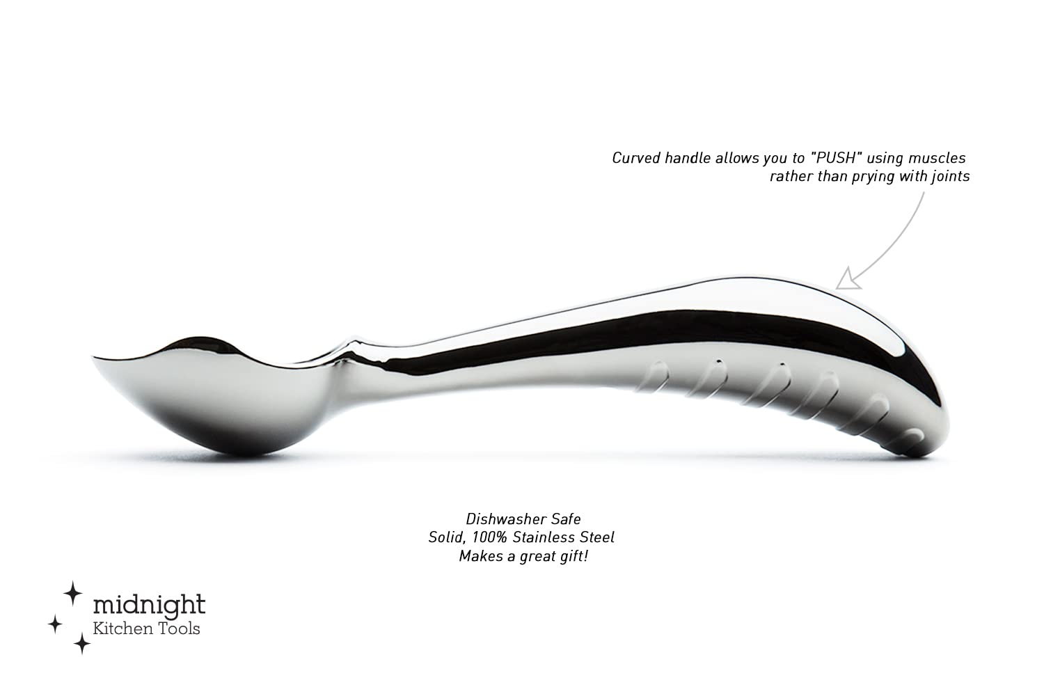Midnight Scoop spear tip close-up highlighting sharp penetration for cutting hard ice cream efficiently