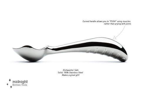 Midnight Scoop spear tip close-up highlighting sharp penetration for cutting hard ice cream efficiently