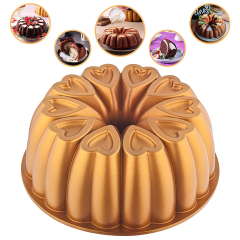 MIENCA front view of gold heart-shaped pan showing elegant design and presentation benefit