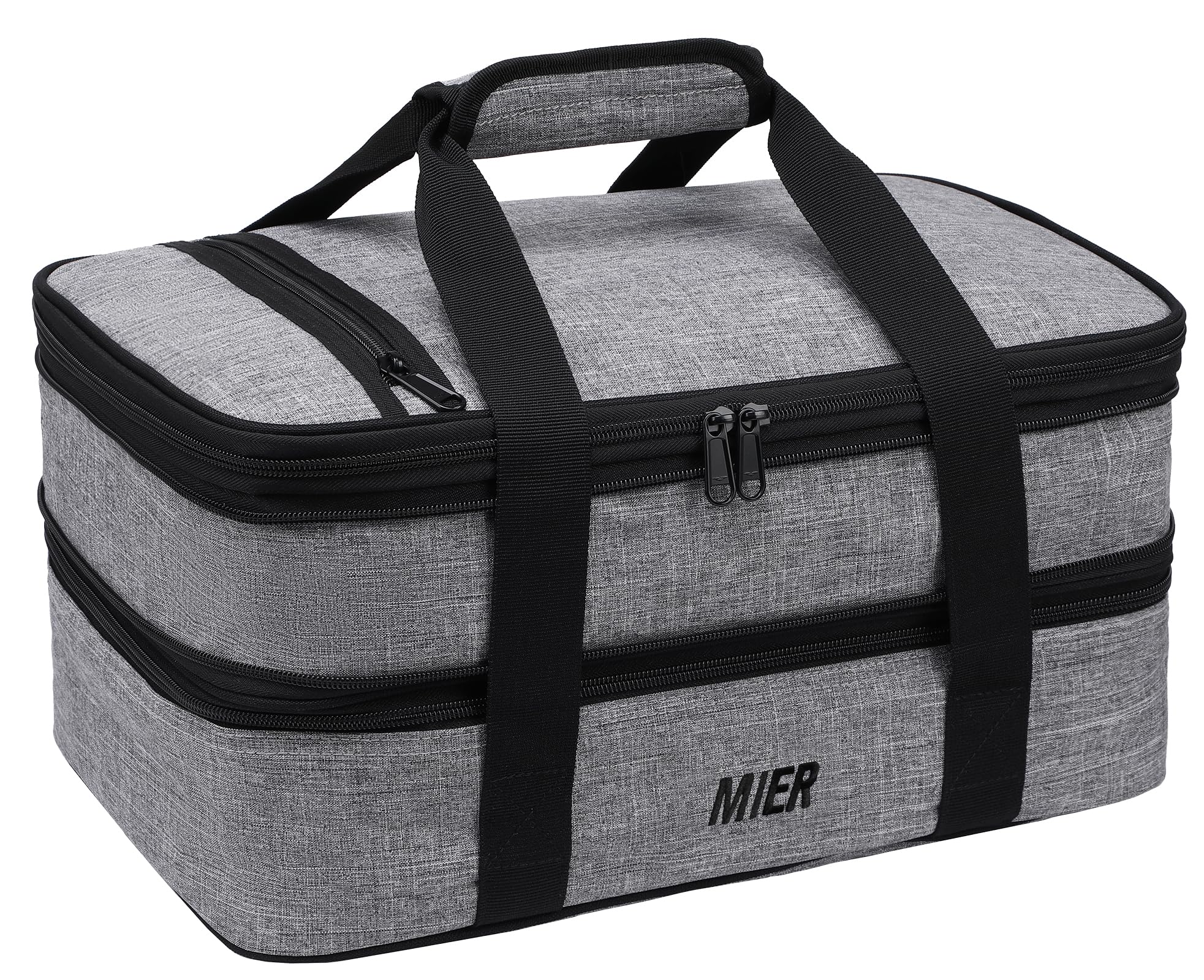 MIER front view of gray casserole carrier showing structured shape and handles