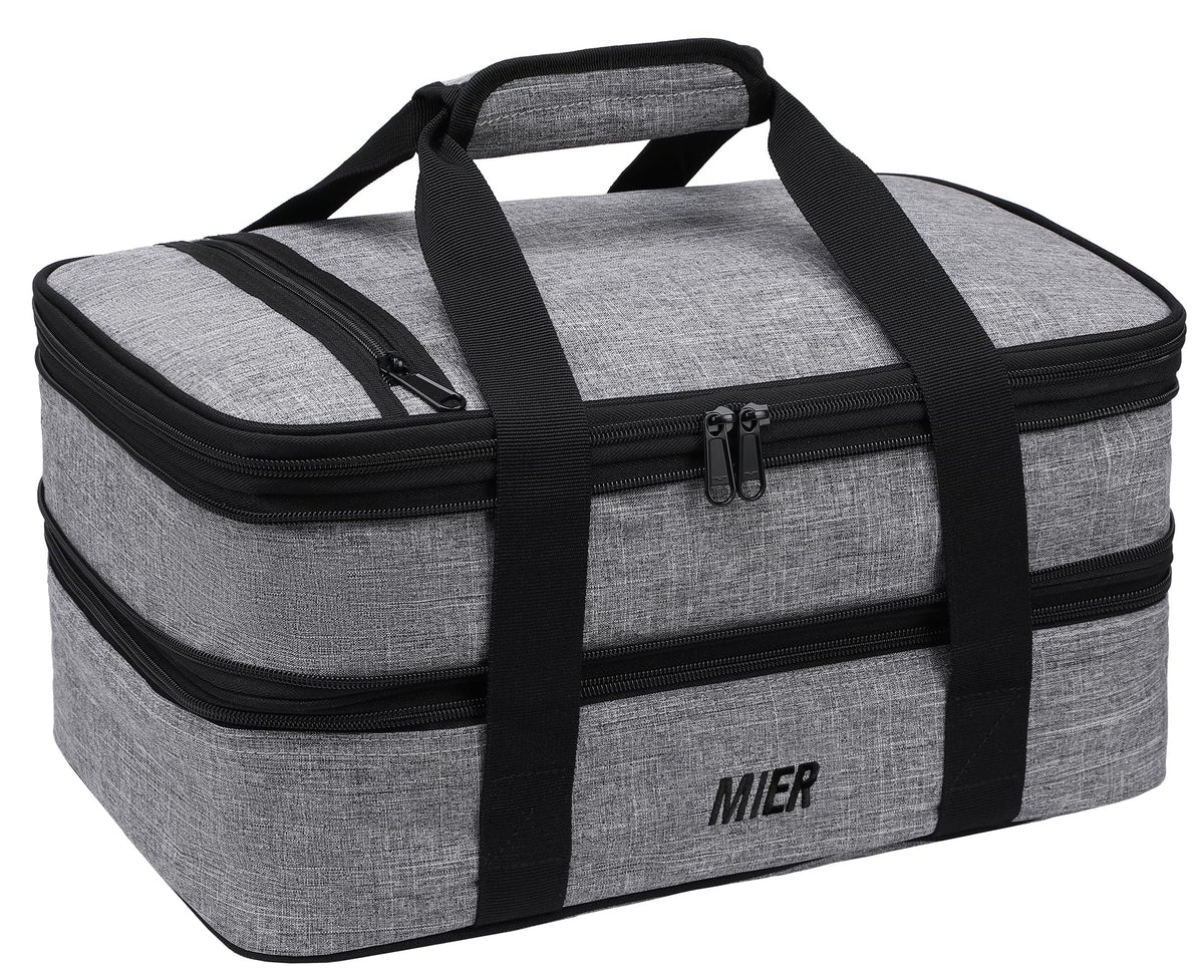MIER front view of gray casserole carrier showing structured shape and handles