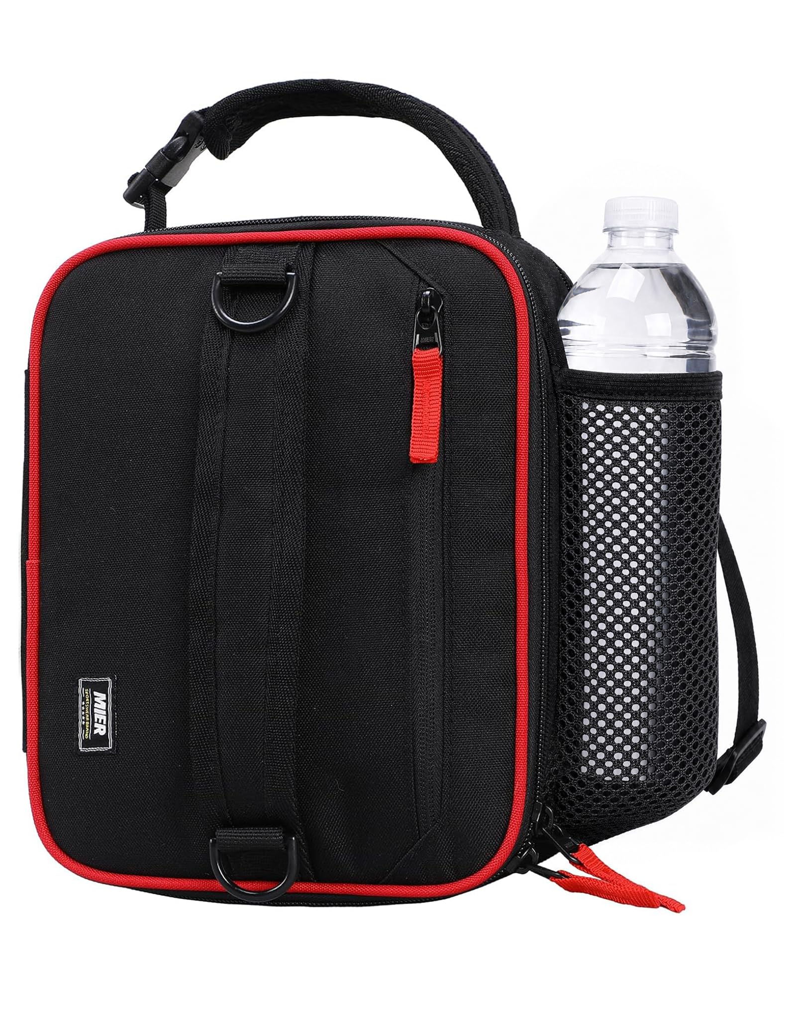 MIER lunch box front view showing black and red design and easy access handles