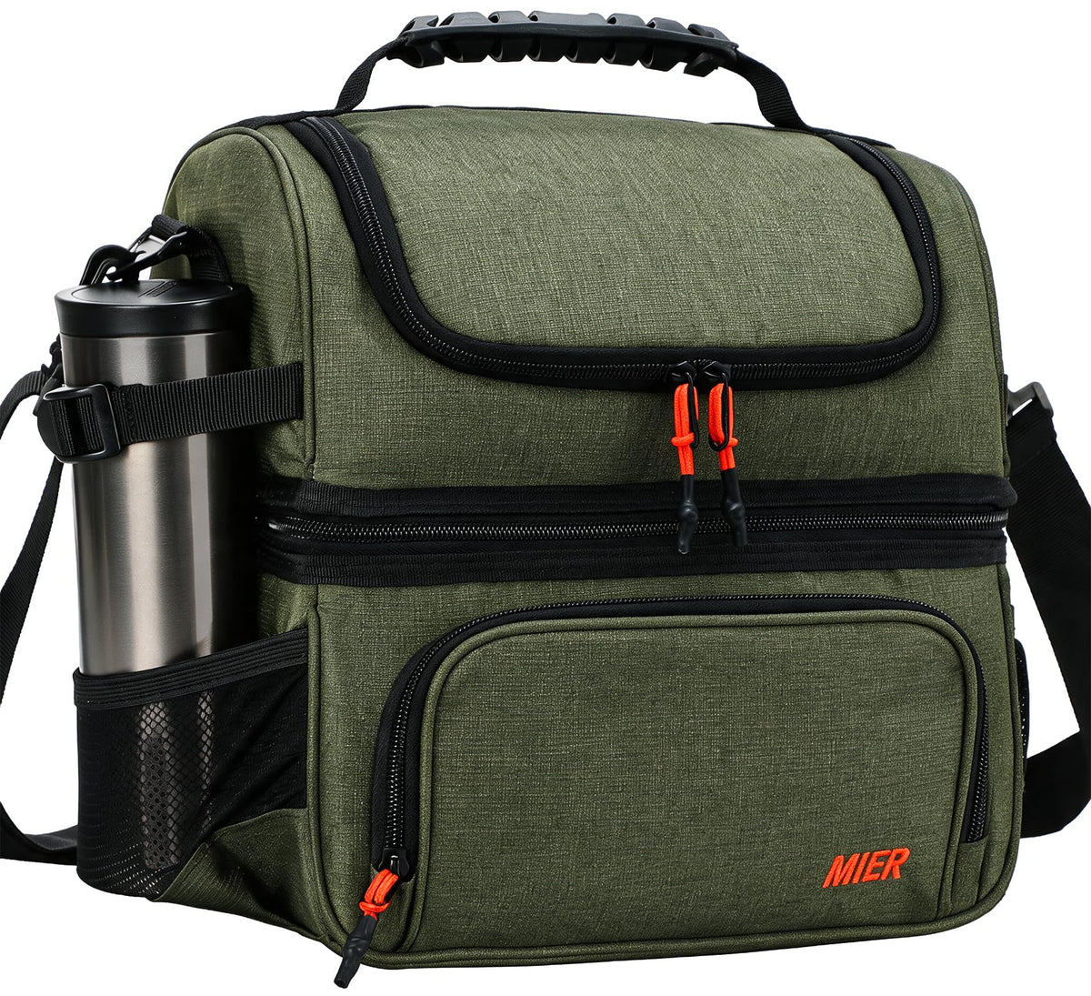 MIER front view of lunch box shows organized compartments and rugged style benefit