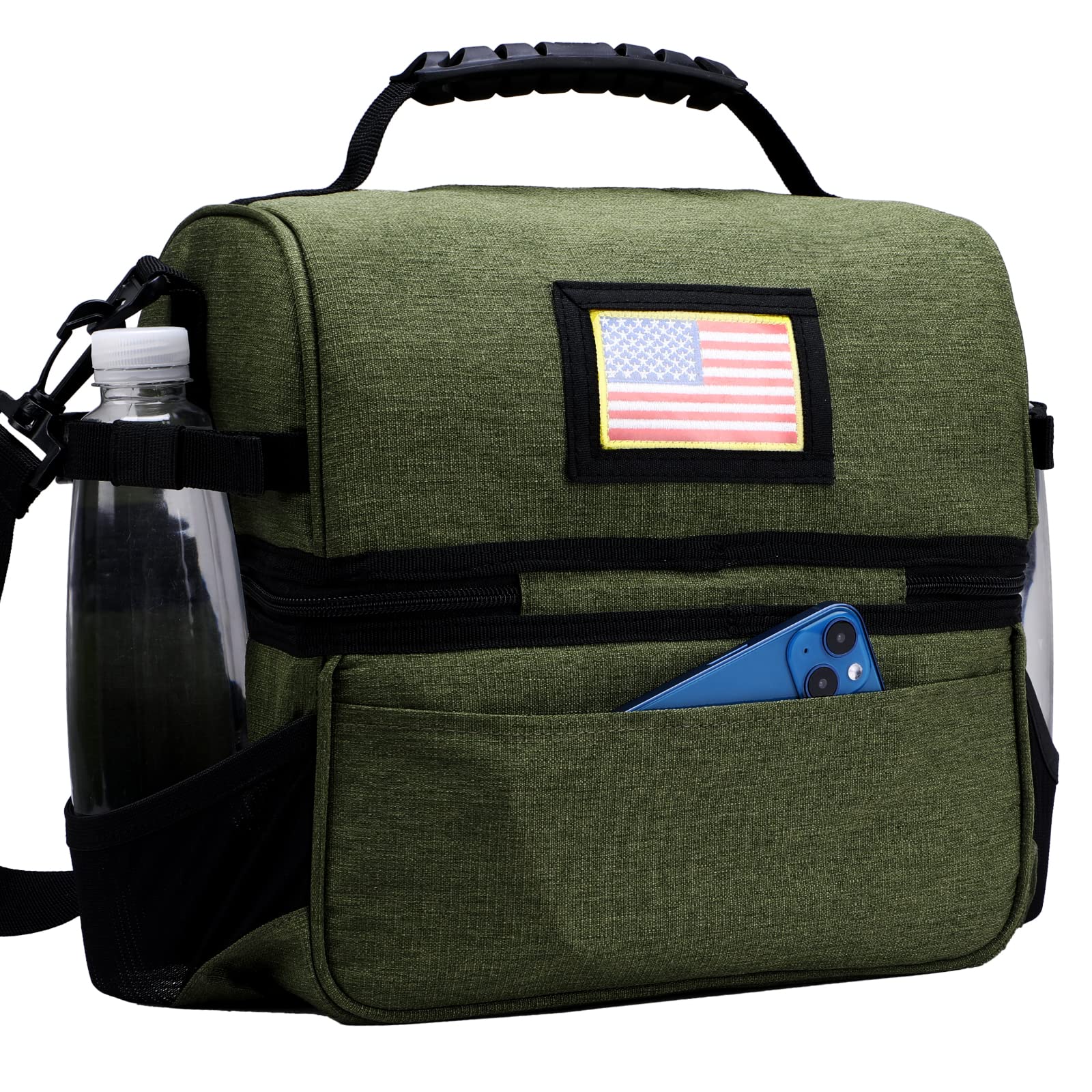 MIER lunch box next to water bottle showing scale and portable capacity benefit