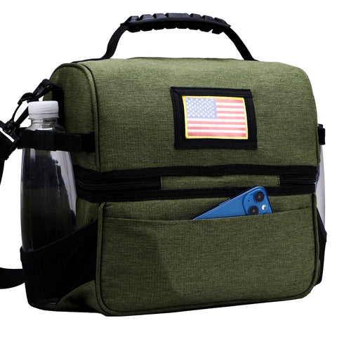 MIER lunch box next to water bottle showing scale and portable capacity benefit