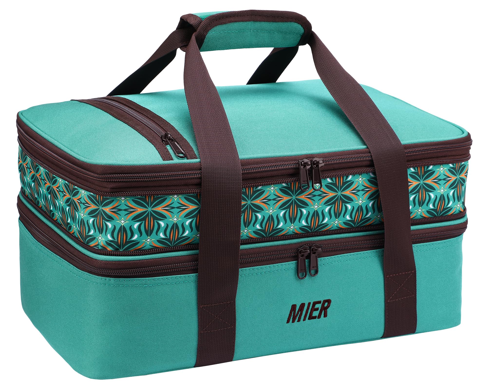 MIER teal carrier front view showing size and secure closure for easy transport