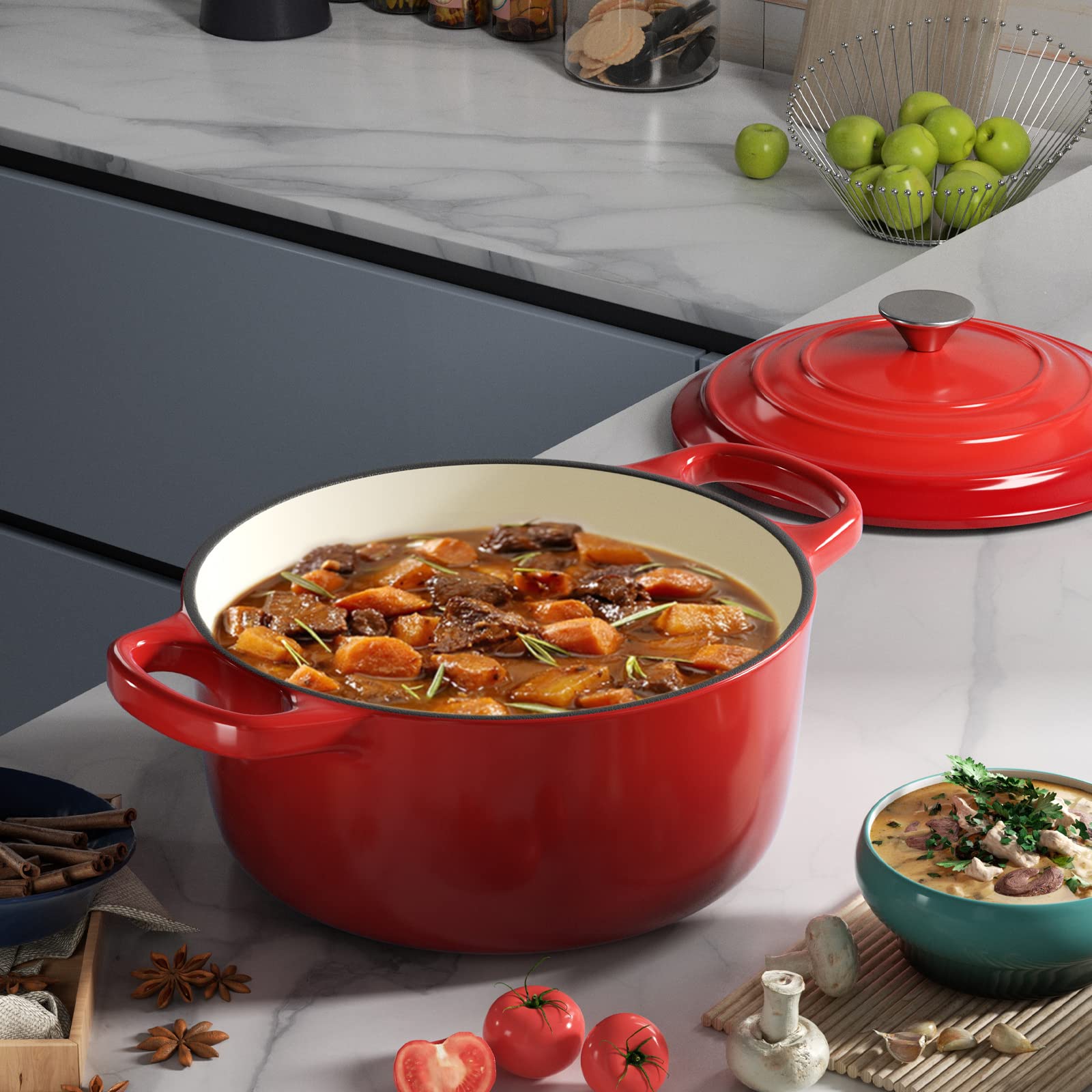 Miereirl beside apples for size comparison to illustrate the 6-quart cooking capacity