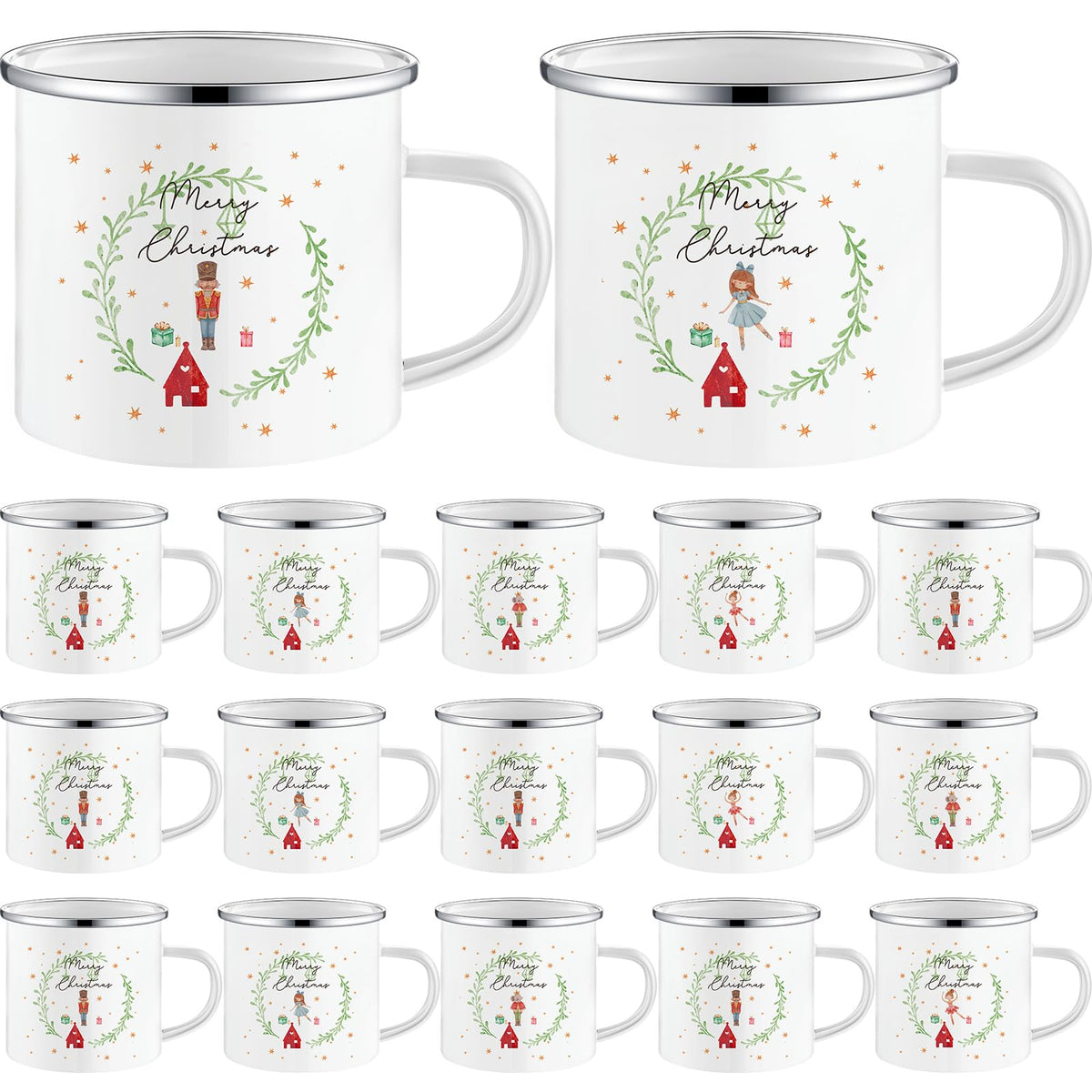 Mifoci front packaging showing set of 16 festive enamel mugs and convenience