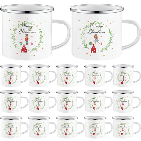 Mifoci front packaging showing set of 16 festive enamel mugs and convenience