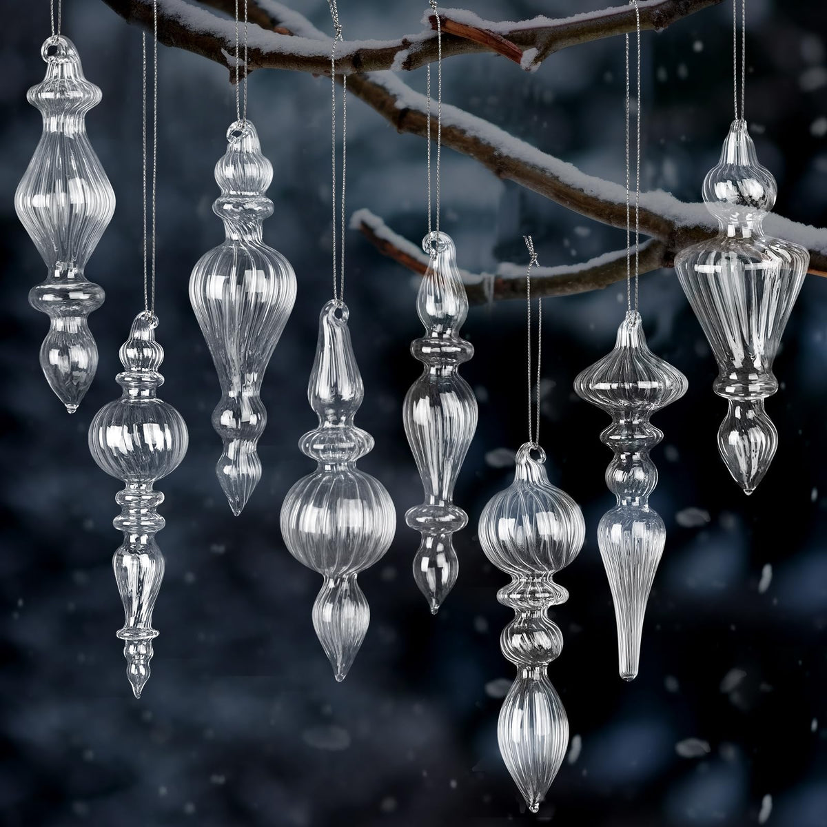 Mifoci pack front view showing eight clear mercury glass finials for elegant decor