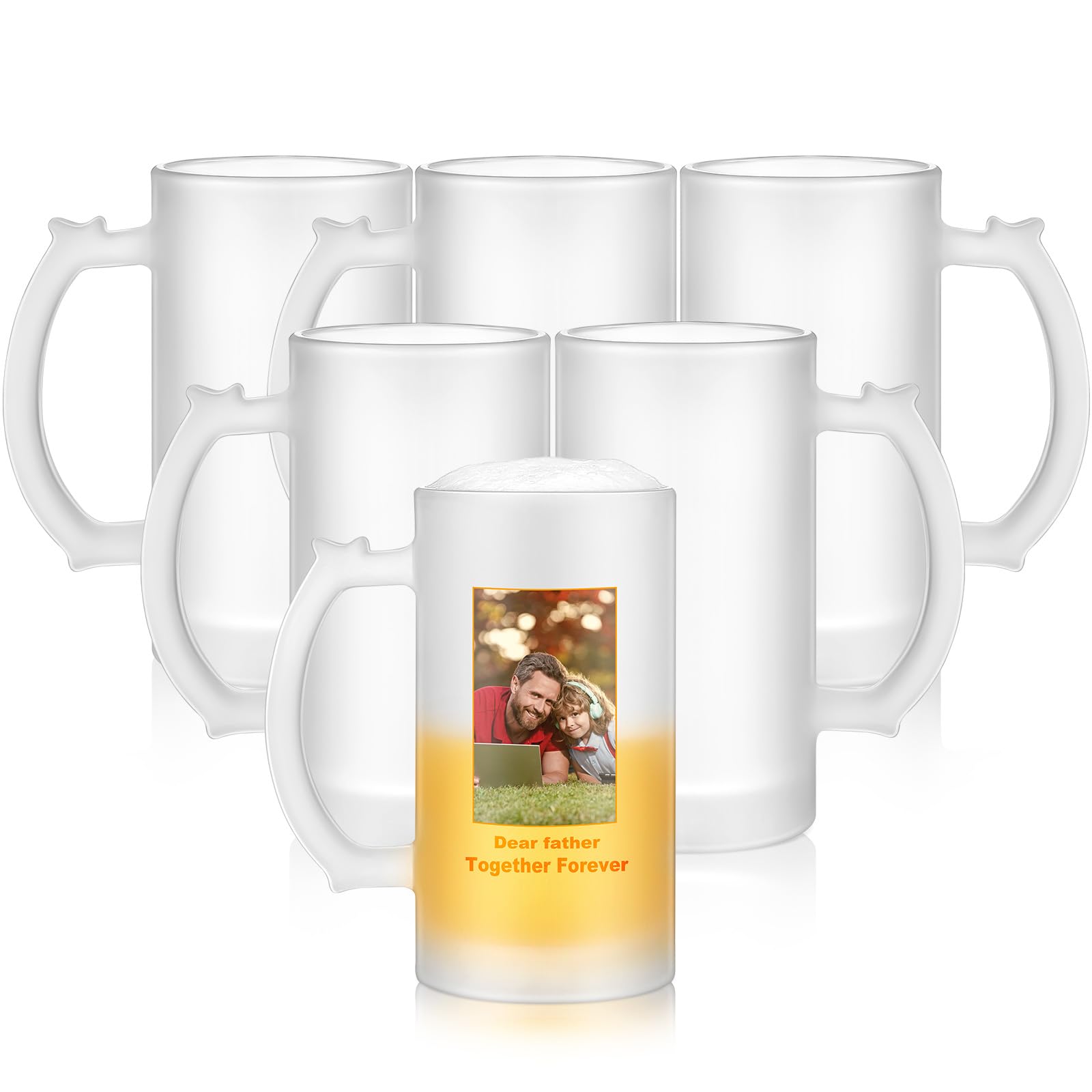 Mifoci front view frosted beer mug showcasing clean printable surface and 16 oz capacity