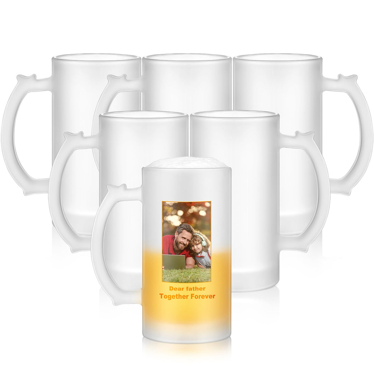 Mifoci front view frosted beer mug showcasing clean printable surface and 16 oz capacity